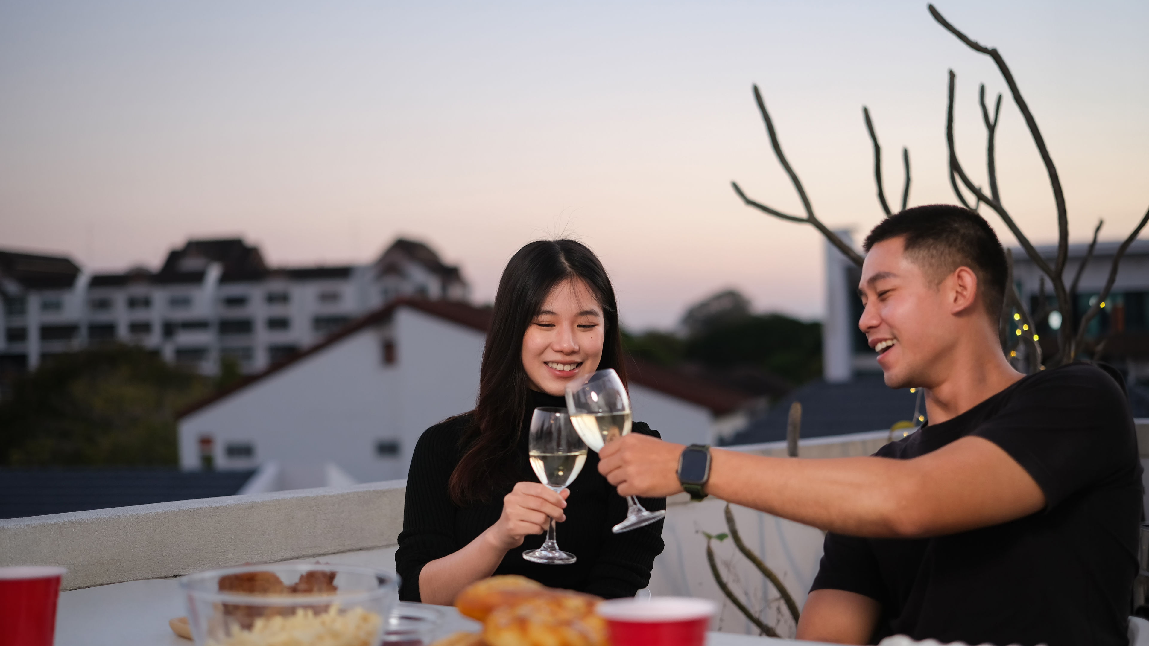 A couple is clinking glasses